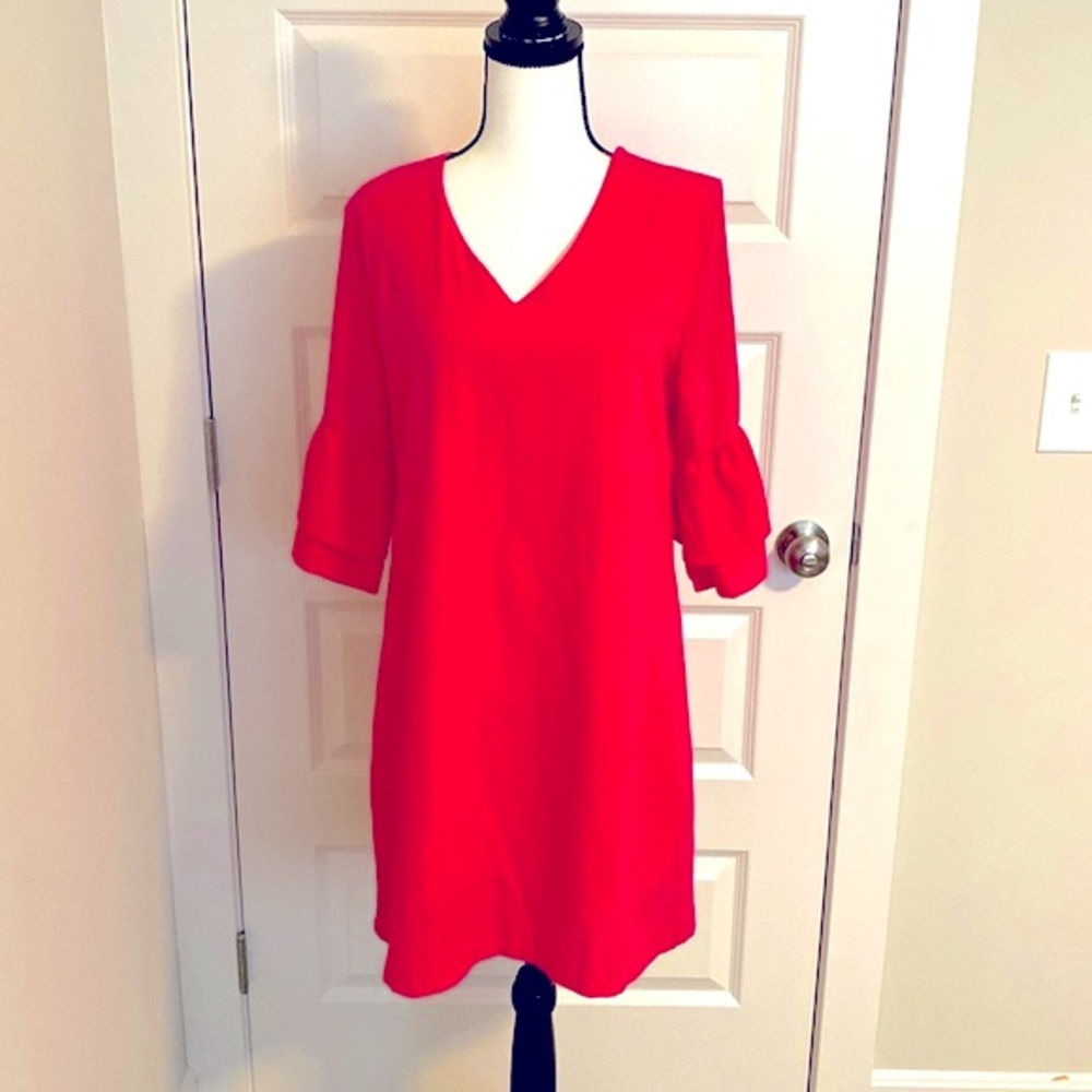 Belongsci| Magenta pink lined dress with ruffled 3/4 sleeve